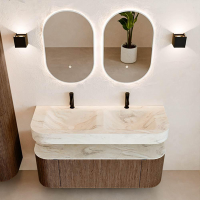 MONDIAZ THOR-DLUX 130cm meuble de salle de bains arrondi gauche + droite couleur Walnut avec 1 tiroir et 2 portes. Vasque suspendue CLOUD Double 2 trous de robinet couleur Ostra.