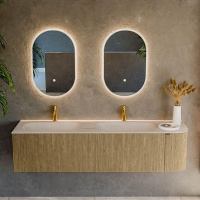 MONDIAZ KURVE-DLUX 175cm badmeubel ronding Rechts kleur Dusk met 2 lades en 1 deur. Wastafel STOR SMALL Dubbel / Links 2 kraangaten Meli.