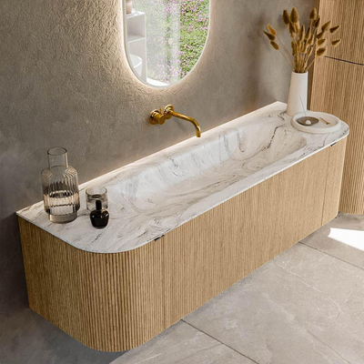 MONDIAZ KURVE-DLUX meuble de salle de bains 150cm avec module 25 Len R couleur Chêne avec 1 tiroir et 2 portes. Vasque BIG MEDIUM centrée sans trou de robinet couleur Glace.