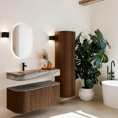 MONDIAZ THOR-DLUX 110cm badmeubel ronding links + rechts kleur Walnut met 1 lade en 2 deuren. Vrijhangende wastafel CLOUD Links 1 kraangat kleur Sombra.