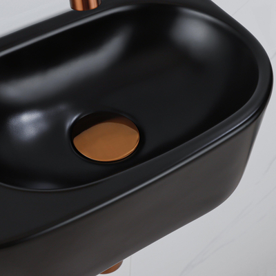 QeramiQ Fuente Ensemble de Lavabo - 40x21.5x12cm - lisse - demi-rond - céramique - ensemble de robinet en cuivre brossé - bouchon de vidange - siphon abaissé - noir mat