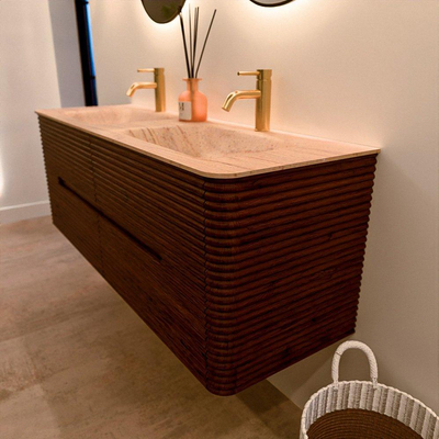 Mondiaz CIRO-DLUX Badkamermeubelset - 140x45x50cm - Solid surface wastafel Saba - 2 wasbak Dubbel - 2 kraangaten - 4 lades - Ruby