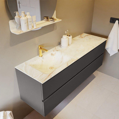 Mondiaz VICA-DLUX ensemble de meuble de salle de bain - 150cm - meuble sous-vasque gris foncé - 2 tiroirs - lavabo encastré cloud gauche - 1 trou de robinet - version haute de 60cm - frape