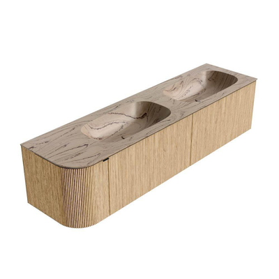 MONDIAZ KURVE-DLUX 175cm badmeubel ronding Links kleur Oak met 2 lades en 1 deur. Wastafel STOR SMALL Dubbel / Rechts zonder kraangat Arena.