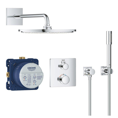 GROHE Grohtherm Ensemble de douche pluie Perfect - pomme de douche 31cm - douchette à main bâton 2 jets - partie extérieure rectangulaire chrome