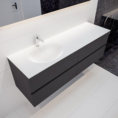 MONDIAZ VICA Ensemble de meuble salle de bain - 150cm - 4 tiroirs - lavabo Moon gauche - 1 trou de robinet - solid surface gris foncé