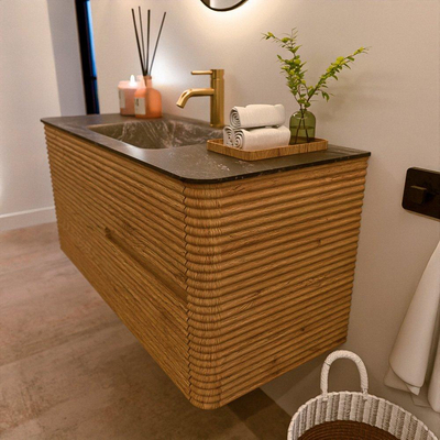 Mondiaz CIRO-DLUX Ensemble de meubles de salle de bains - 110x45x50cm - vasque solid surface Lava - 1 lavabo au centre - 1 trou de robinet - 2 tiroirs - Chêne