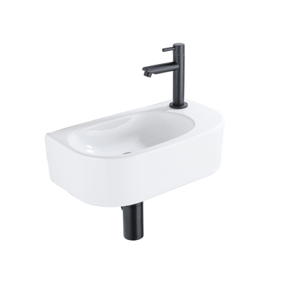 QeramiQ Fuente pack lave-mains – demi-rond – 40 x 21,5 x 12 cm – céramique blanc brillant – robinet noir mat