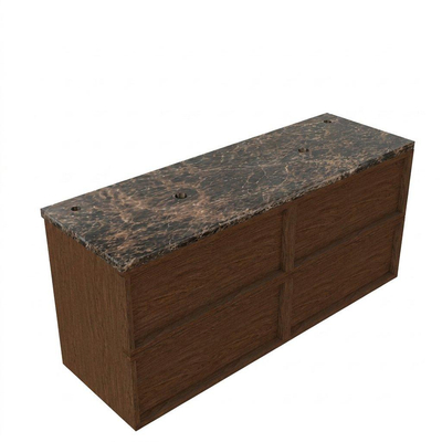 Saniclass Holz Frame Ensemble de meubles de salle de bains - 140x45x63cm - Plan de travail en pierre naturelle Noche dark emperador - 2 trous de robinet - 4 tiroirs - brillant walnut pure (bois)