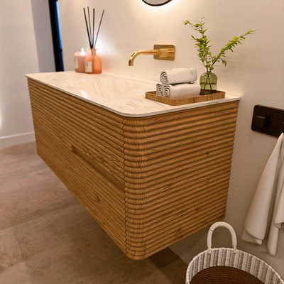 Mondiaz CIRO-DLUX Meuble de salle de bains - 120x45x50cm - Plan vasque solid surface Ostra - 1 vasque à droite - sans trous de robinetterie - 2 tiroirs - Chêne