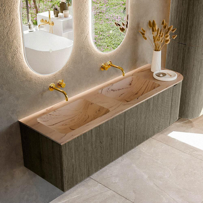 MONDIAZ KURVE-DLUX meuble de salle de bains 155cm arrondi à droite couleur Shadow avec 2 tiroirs et 1 porte. Lavabo LEAF double / gauche sans trou de robinet Arena.