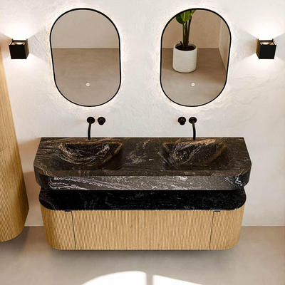 MONDIAZ THOR-DLUX 150cm badmeubel ronding links + rechts kleur Oak met 1 lade en 2 deuren. Vrijhangende wastafel CLOUD Dubbel zonder kraangat kleur Lava.