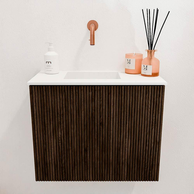 Mondiaz JOYA 50cm toiletmeubel - kleur Walnut - Wastafel FAYE positie Links Zonder kraangat kleur Talc.