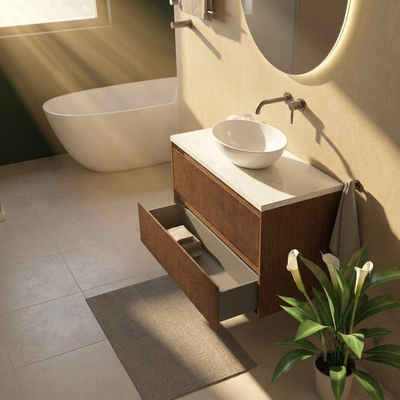 Saniclass Holz Atelier Ensemble meuble de salle de bains - 100x45x63cm - Plan vasque en marbre Dia poli (blanc) - sans trou de robinetterie - 2 tiroirs - walnut pure mat (bois)