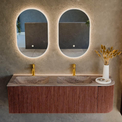 MONDIAZ KURVE-DLUX Meuble de salle de bains 145cm arrondi à droite couleur Ruby avec 1 tiroir et 1 porte. Vasque LEAF Double / Gauche 2 trous de robinet Oza.