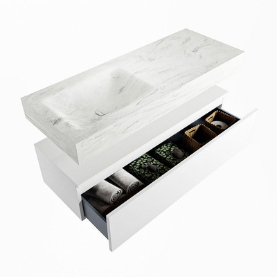 Mondiaz ALAN-DLUX Ensemble de meuble - 120cm - meuble Talc mat - 1 tiroir - Lavabo Cloud Opalo suspendu - vasque Gauche - 1 trou de robinet