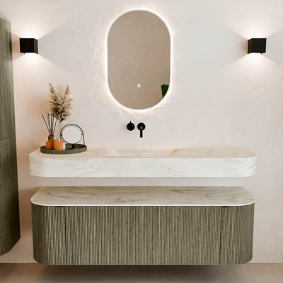 MONDIAZ THOR-DLUX 150cm meuble de salle de bains arrondi gauche + droite couleur Shadow avec 1 tiroir et 2 portes. Vasque suspendue CLOUD Centre sans trou de robinet couleur Ostra.