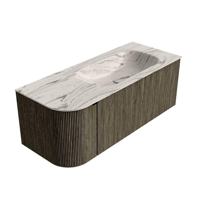 MONDIAZ KURVE-DLUX Meuble de salle de bains 115cm arrondi à gauche couleur Shadow avec 1 tiroir et 1 porte. Lavabo BIG SMALL à droite sans trou de robinet Nata.