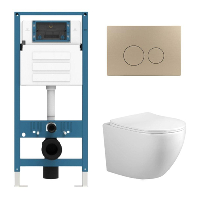 Adema Salina 2.0 Ensemble WC - 48.5x36x32cm - cuvette profonde - sans rebord de rinçage - réservoir encastré QeramiQ - softclose - quickrelease - abattant WC - plaque de commande taupe en matière synthétique - boutons ronds - blanc