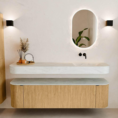 MONDIAZ THOR-DLUX 170cm meuble de salle de bains arrondi gauche + droite couleur Oak avec 1 tiroir et 2 portes. Vasque suspendue CLOUD droite sans trou de robinet couleur Opalo.