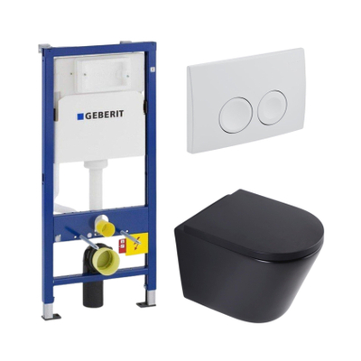 QeramiQ Dely Toiletset - Geberit UP100 inbouwreservoir - witte bedieningsplaat - softclose toilet zitting - 35mm - mat zwart (wit)