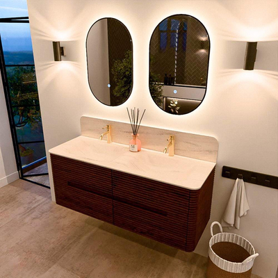 Mondiaz CIRO-DLUX Badkamermeubelset - 130x45x50cm - Solid surface wastafel Meli - 2 wasbak Dubbel - 2 kraangaten - 4 lades - Ruby