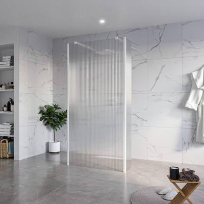 FugaFlow Eccelente Vetro Douche à l'italienne - 100x200cm - verre clair nervuré - anticalcaire - verre de sécurité 8mm - 2 parois latérales 40cm - avec bras muraux et profilés d'angle - Blanc mat