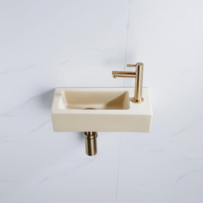 QeramiQ Fuente Ensemble lave-mains - 37.5x18.5x9cm - céramique - trou de robinet à droite - robinet de lave-mains laiton brossé - bonde - siphon abaissé - Beige Mat
