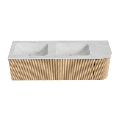 MONDIAZ KURVE-DLUX meuble de salle de bains 145 cm avec module 25 R couleur Oak avec 1 tiroir et 1 porte. Lavabo LEAF double / gauche sans trou de robinet couleur Opalo.
