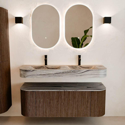 MONDIAZ THOR-DLUX 130cm badmeubel ronding links + rechts kleur Walnut met 1 lade en 2 deuren. Vrijhangende wastafel CLOUD Dubbel 2 kraangaten kleur Sombra.