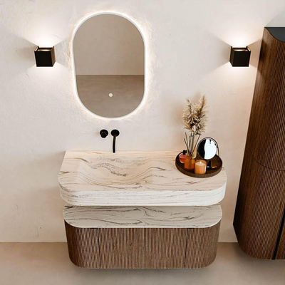 MONDIAZ THOR-DLUX 110cm badmeubel ronding links + rechts kleur Walnut met 1 lade en 2 deuren. Vrijhangende wastafel CLOUD Links zonder kraangat kleur Nata.