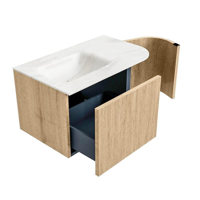 MONDIAZ KURVE-DLUX Meuble de salle de bains 75cm avec module 25 R couleur Oak avec 1 tiroir et 1 porte. Lavabo GRUNNE à gauche sans trou de robinet couleur Ostra.