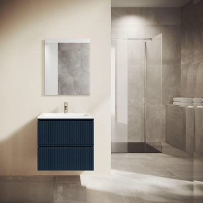 Saniclass Prime Blend Meuble de salle de bain - 60x55x46cm - 1 vasque rectangulaire en céramique blanc - 1 trou de robinet - 2 tiroirs - miroir rectangulaire - mat marine bleu