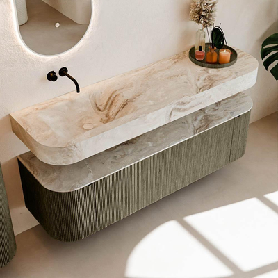 MONDIAZ THOR-DLUX 160cm meuble de salle de bains arrondi gauche + droite couleur Shadow avec 1 tiroir et 2 portes. Vasque suspendue CLOUD Gauche sans trou de robinet couleur Frappe.