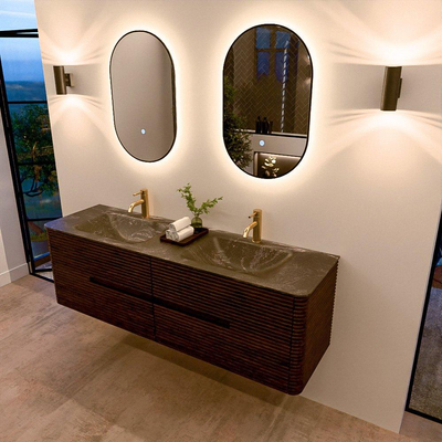 Mondiaz CIRO-DLUX Badkamermeubelset - 160x45x50cm - Solid surface wastafel Lava - 2 wasbak Dubbel - 2 kraangaten - 4 lades - Walnut