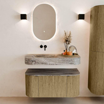 MONDIAZ THOR-DLUX 100cm meuble de salle de bains arrondi gauche + droite couleur Dusk avec 1 tiroir et 2 portes. Vasque suspendue CLOUD Gauche sans trou de robinet couleur Oza.