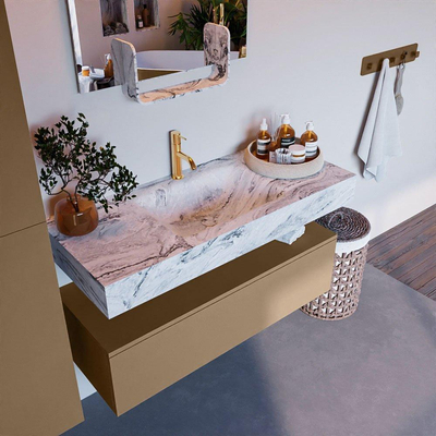 Mondiaz ALAN-DLUX Ensemble de meuble - 110cm - meuble Oro mat - 1 tiroir - Lavabo Cloud Glace suspendu - vasque Centre - 1 trou de robinet