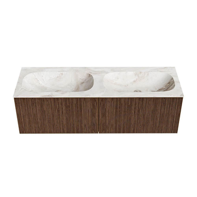 MONDIAZ KURVE-DLUX 140cm Meuble salle de bain - couleur Walnut - 2 tiroirs - vasque STOR SMALL double - 2 trous de robinet - couleur Frappe