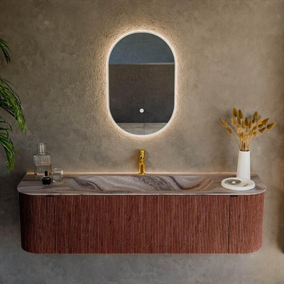 MONDIAZ KURVE-DLUX Meuble de salle de bains 160cm arrondi gauche + droite couleur Ruby avec 1 tiroir et 2 portes. Lavabo BIG MEDIUM central 1 trou de robinet Sombra.