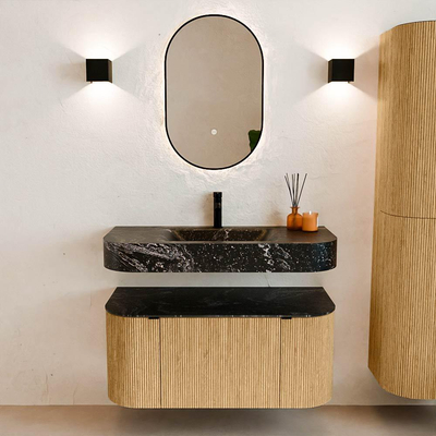 MONDIAZ THOR-DLUX 100cm meuble de salle de bains arrondi gauche + droite couleur Chêne avec 1 tiroir et 2 portes. Vasque suspendue CLOUD Milieu 1 trou de robinet couleur Lava.