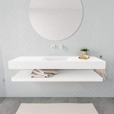 MONDIAZ ALAN 150cm - Ensemble meuble de salle de bains - solid surface - tablette avec lavabo suspendu - vasque au milieu - 0 trous de robinet - talc