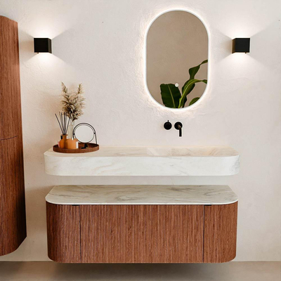 MONDIAZ THOR-DLUX 130cm meuble de salle de bains arrondi gauche + droite couleur Ruby avec 1 tiroir et 2 portes. Vasque suspendue CLOUD droite sans trou de robinet couleur Ostra.