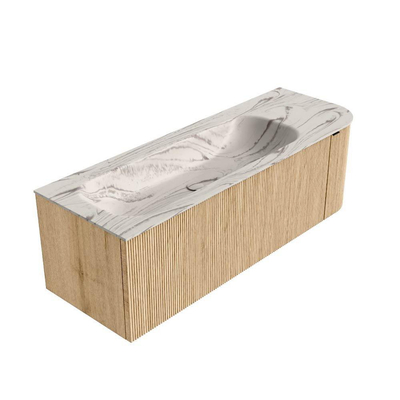 MONDIAZ KURVE-DLUX 135cm badmeubel ronding Rechts kleur Oak met 1 lade en 1 deur. Wastafel BIG MEDIUM Links 1 kraangat Nata.