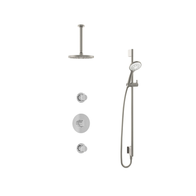 Hotbath Buddy IBS Ensemble de douche à effet pluie - bras de plafond 30 cm - douche de tête ronde 20 cm - douchette 3 jets - barre de douche - nickel brossé