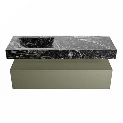 Mondiaz ALAN-DLUX Ensemble de meuble - 130cm - meuble Army mat - 1 tiroir - Lavabo Cloud Lava suspendu - vasque Gauche - 0 trous de robinet