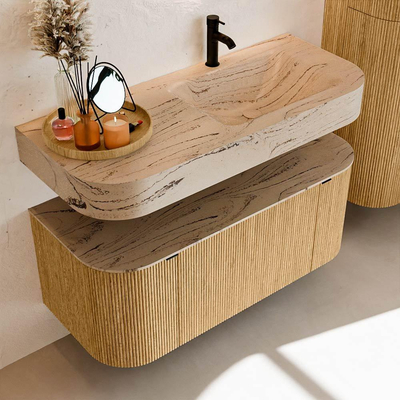 MONDIAZ THOR-DLUX 110cm badmeubel ronding links + rechts kleur Oak met 1 lade en 2 deuren. Vrijhangende wastafel CLOUD Rechts 1 kraangat kleur Arena.