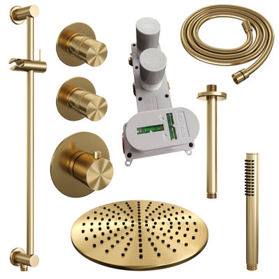 Brauer Gold Edition Ensemble de douche pluie encastré - douche principale 30cm - bras plafond 20cm - 3 boutons lisses - douchette à main 1 fonction - PVD - or brossé