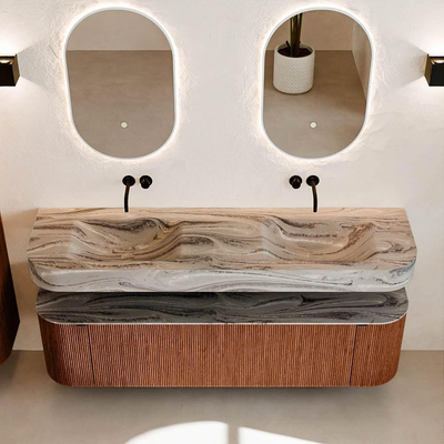 MONDIAZ THOR-DLUX 170cm meuble de salle de bains arrondi gauche + droite couleur Ruby avec 1 tiroir et 2 portes. Vasque suspendue CLOUD Double sans trou de robinet couleur Sombra.