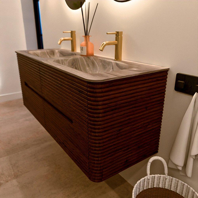 Mondiaz CIRO-DLUX Badkamermeubelset - 130x45x50cm - Solid surface wastafel Sombra - 2 wasbak Dubbel - 2 kraangaten - 4 lades - Ruby