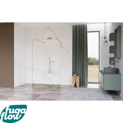 FugaFlow Eccelente Vetro Vrijstaande inloopdouche badkamer - 180x200cm - Helder - antikalk - 8mm veiligheidsglas - met wandarmen - RVS geborsteld -